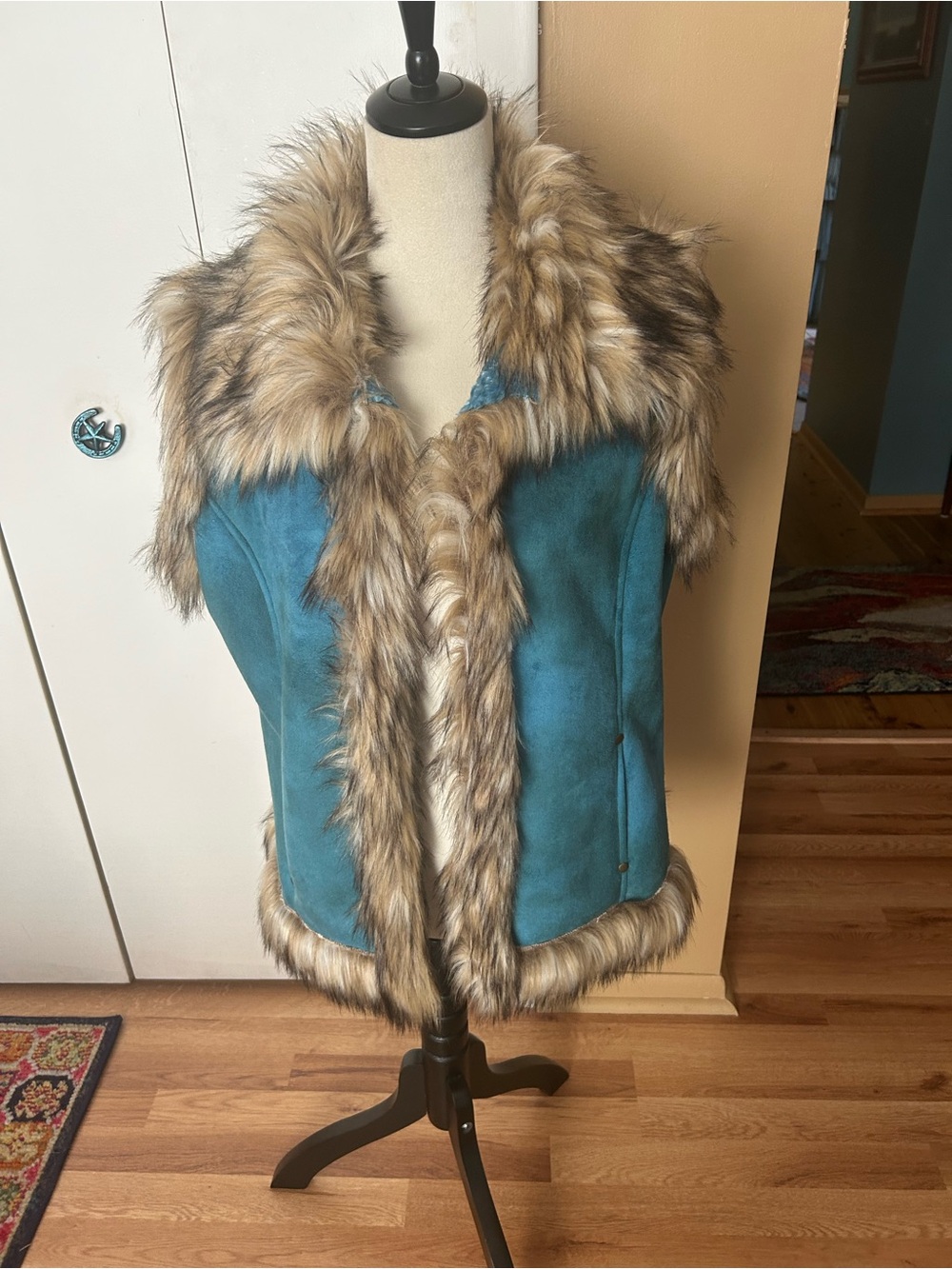 Tasha Polizzi Teal Faux-Suede Vest with Faux Fur Trim